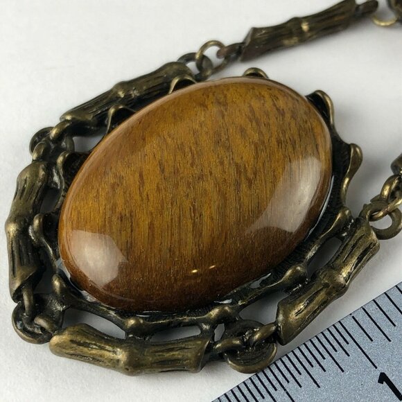 Vintage Brass Tone Necklace 30" Triple Tiger's Eye Stone - Picture 3 of 6